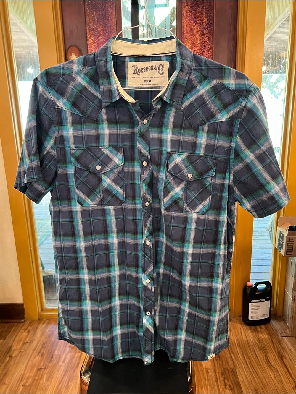 Roebuck & Co. Men’s Short-Sleeve Pearl Snap Plaid Button-Down Shirt - Blue/Teal